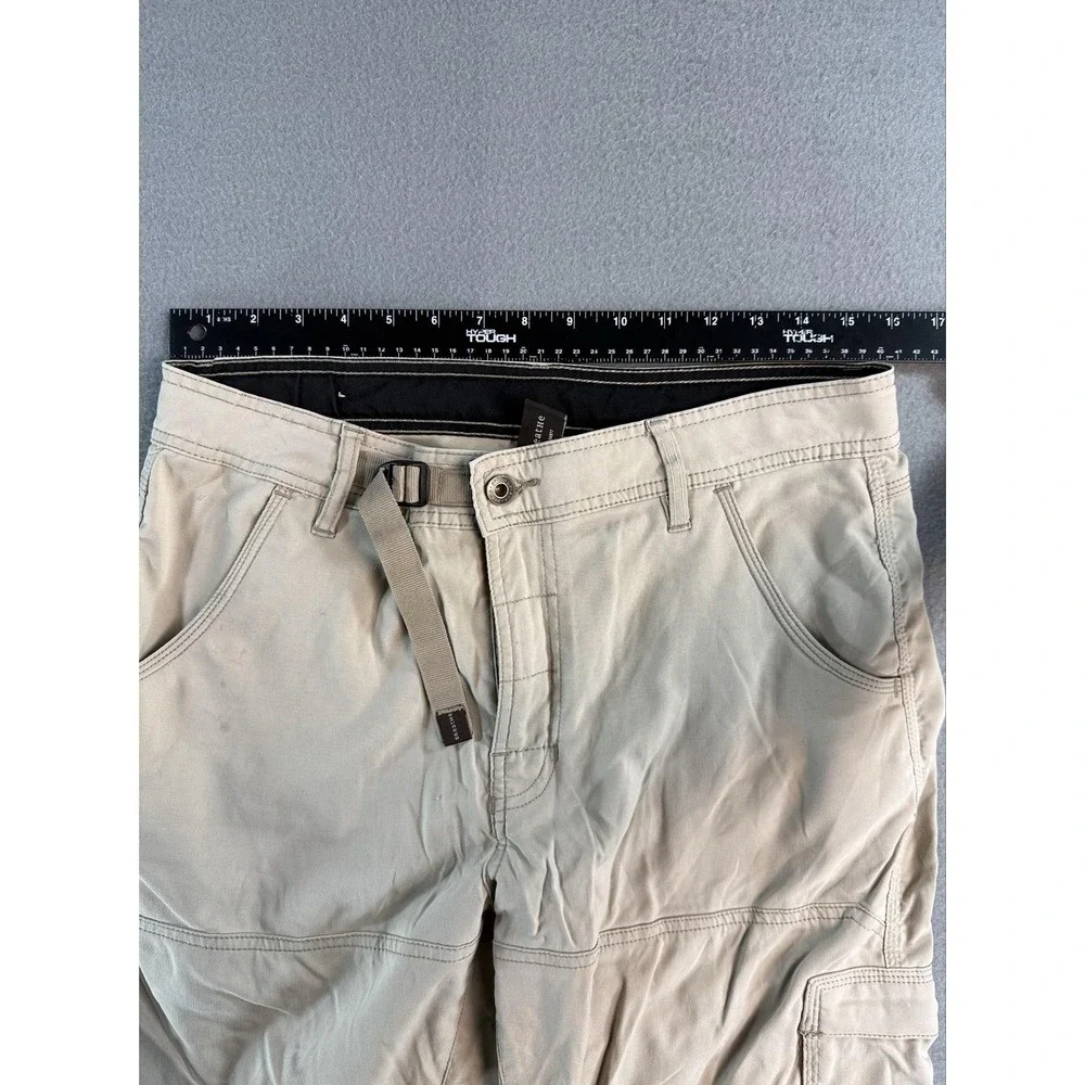 PrAna Zion Shorts Mens M Beige Cargo Canvas Belted 11 Inseam Hiking Casual